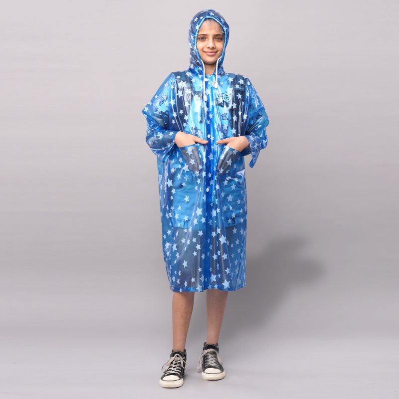 Kids Hooded Raincoat - Star Design- SB63 - Blue, 27" (4-5 years)